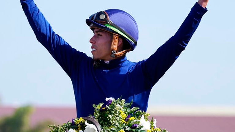 Irad Ortiz Jr. celebrates after riding Golden Pal to victory during the Breeders&#39; Cup Turf