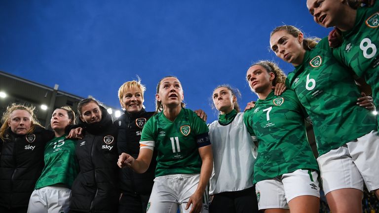12 April 2022; Republic of Ireland captain Katie McCabe speaks to her teammates in the huddle after the FIFA Women's World Cup 2023 qualifying match between Sweden and Republic of Ireland at Gamla Ullevi in Gothenburg, Sweden. Photo by Stephen McCarthy/Sportsfile