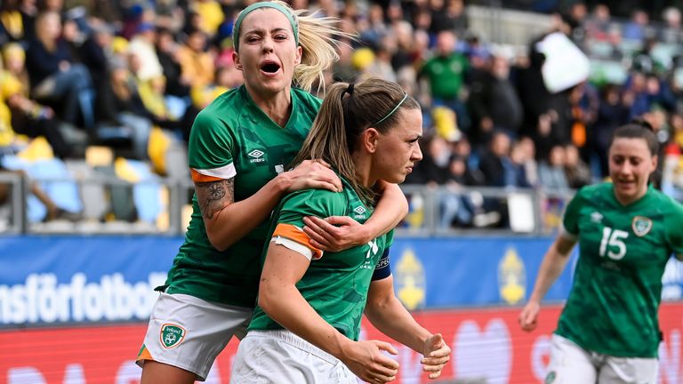 12 April 2022; Katie McCabe of Republic of Ireland celebrates with teammate Denise O'Sullivan, left, after scoring their side's first goal during the FIFA Women's World Cup 2023 qualifying match between Sweden and Republic of Ireland at Gamla Ullevi in Gothenburg, Sweden. Photo by Stephen McCarthy/Sportsfile