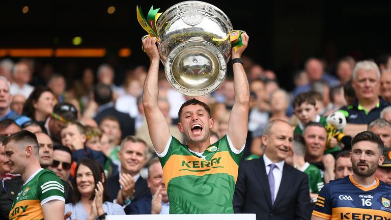 24 July 2022; Jack Savage of Kerry lifts the Sam Maguire Cup after the GAA Football All-Ireland Senior Championship Final match between Kerry and Galway at Croke Park in Dublin. Photo by Stephen McCarthy/Sportsfile
