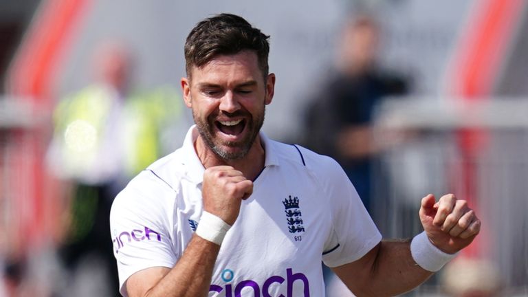 James Anderson claims the first wicket of day three of the second Test, cleaning up Dean Elgar.