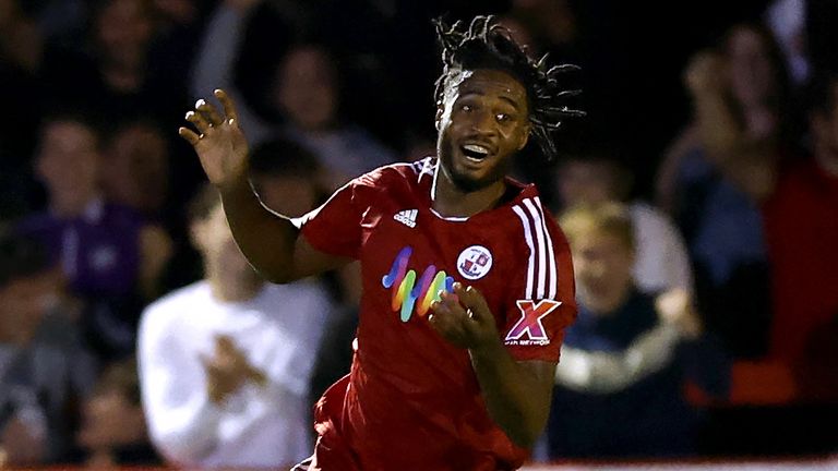 James Balagizi celebrates scoring for Crawley vs Fulham 