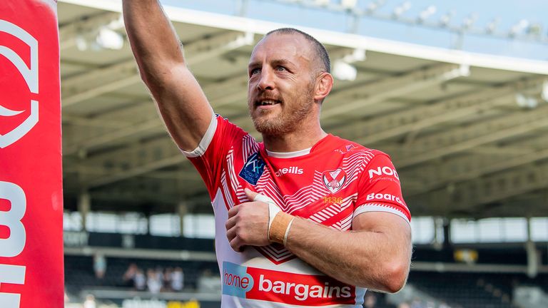Picture by Allan McKenzie/SWpix.com - 14/08/2022 - Rugby League - Betfred Super League Round 23 - Hull FC v St Helens - MKM Stadium, Kingston upon Hull, England - St Helens's  James Roby thanks the fans for their support after victory against Hull FC.