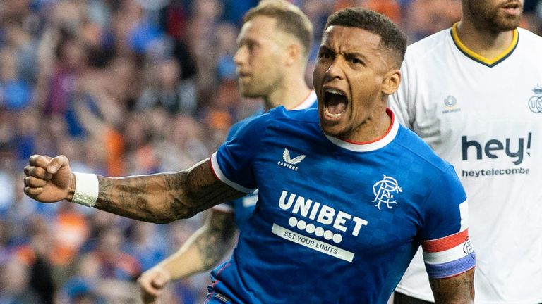 GLASGOW, SCOTLAND - AUGUST 09: Rangers&#39; James Tavernier celebrates scoring from the penalty spot to make it 1-0 during a UEFA Champions League Third Qualifying Round match between Rangers and Royale Union Saint-Gilloise at Ibrox Stadium, on August 09, 2022, in Glasgow, Scotland.  (Photo by Craig Williamson / SNS Group)
