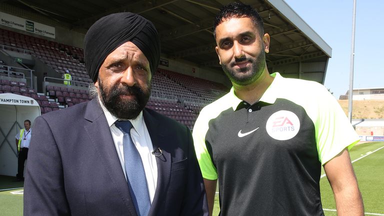 NORTHAMPTON, ENGLAND - AUGUST 13: Referee Sunny Gill, who will officiate his first EFL match and become the first British South Asian referee since his father Jarnail Singh 10 years ago pose prior to the Sky Bet League Two between Northampton Town and Hartlepool United at Sixfields on August 13, 2022