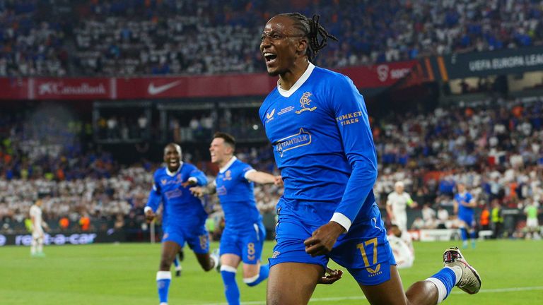 Joe Aribo celebrates after scoring for Rangers in the Europa League final