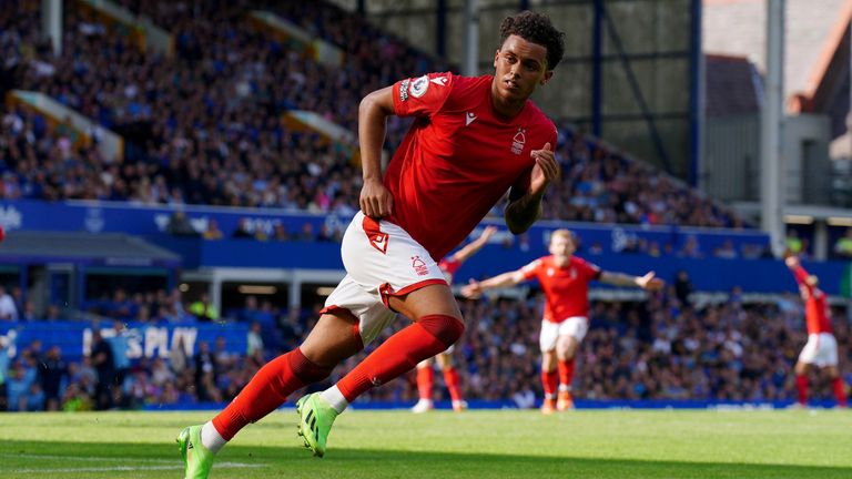 Brennan Johnson wheels away in celebration after scoring against Everton