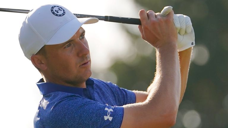 Jordan Spieth looks at his shot on the 16th tee during the second round of the BMW Championship golf tournament at Wilmington Country Club, Friday, Aug. 19, 2022, in Wilmington, Del. (AP Photo/Julio Cortez) 