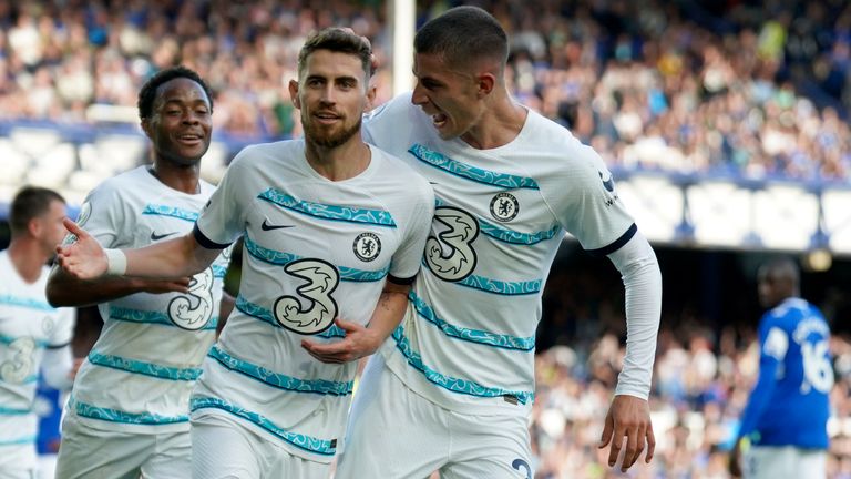 Jorginho celebrates with team-mates after putting Chelsea 1-0 up (AP)