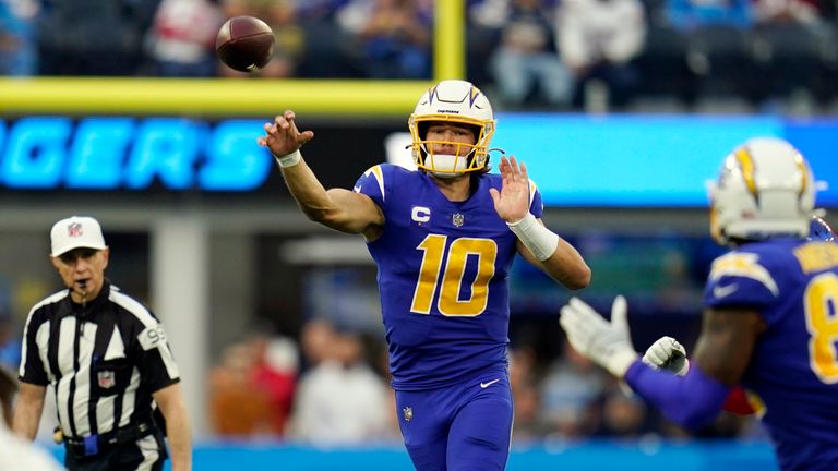 Los Angeles Chargers quarterback Justin Herbert throws during the second half of an NFL football game against the New York Giants