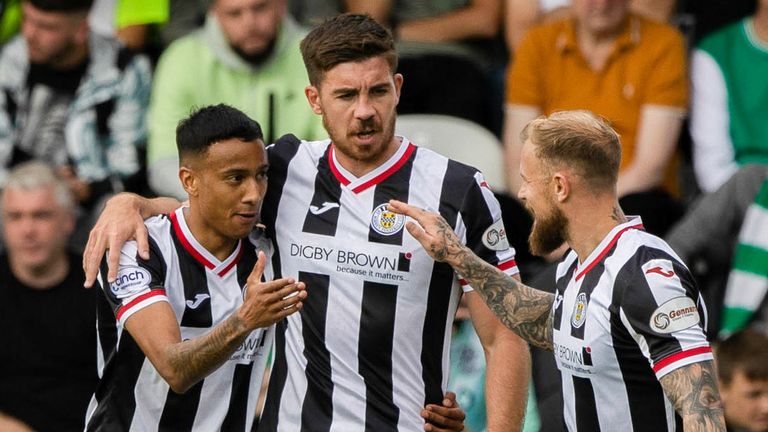 Keanu Baccus (left) celebrates putting St Mirren ahead with Declan Gallagher (centre) and Richard Tait (right)
