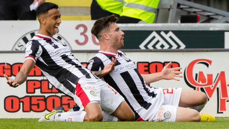 Keanu Baccus (left) celebrates putting St Mirren ahead with Ryan Strain (right)