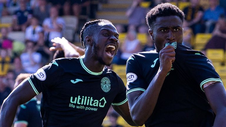 Goalscorer Nohan Kenneh (right) and Elie Youan celebrate as Hibernian drew level at the Tony Macaroni Arena