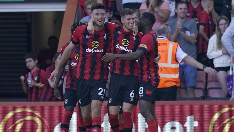 Kieffer Moore celebrates getting off the mark in the Premier League with his Bournemouth teammates