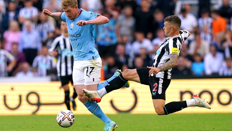 Kieran Tripper was initially given a red card for his challenge on Kevin De Bruyne in the second half. Referee Jarred Gillet reversed his original decision to give Tripper a yellow card after reviewing the incident on the pitch-side monitor