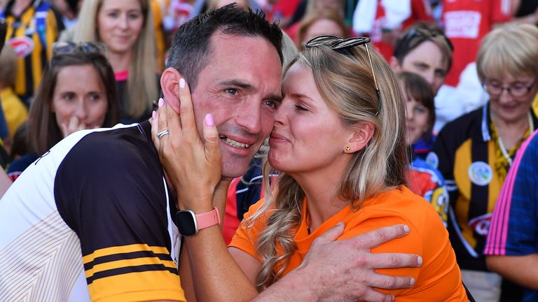 7 August 2022; Kilkenny manager Brian Dowling is congratulated by his wife Alison after their side's victory in the Glen Dimplex All-Ireland Senior Camogie Championship Final match between Cork and Kilkenny at Croke Park in Dublin. Photo by Seb Daly/Sportsfile