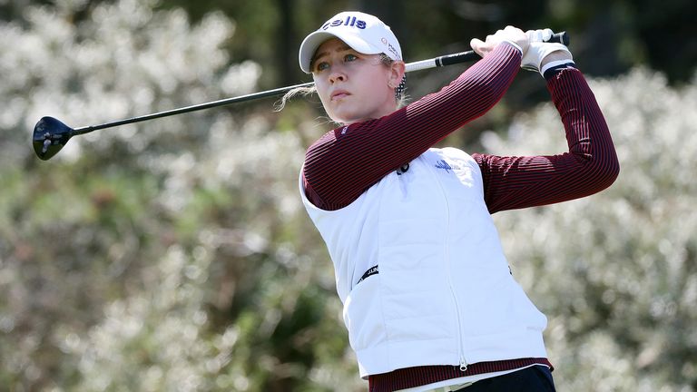 United States&#39; Nelly Korda plays her tee shot from the 3rd during the first round of the Women&#39;s British Open golf championship, in Muirfield, Scotland Thursday, Aug. 4, 2022.