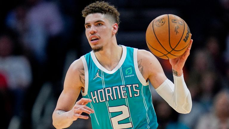 LaMelo Ball carries the ball upcourt for the Charlotte Hornets
