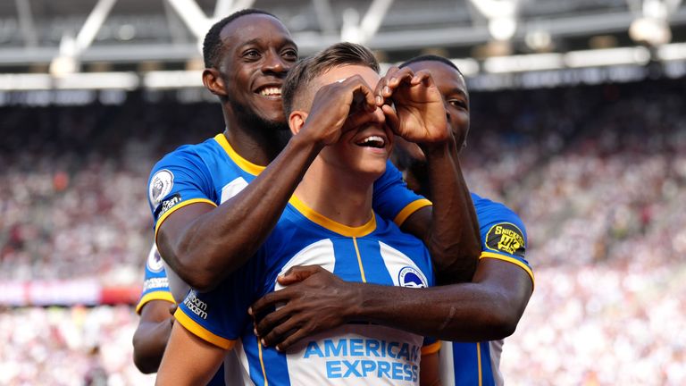 Brighton&#39;s Leandro Trossard celebrates scoring their side&#39;s second goal of the game