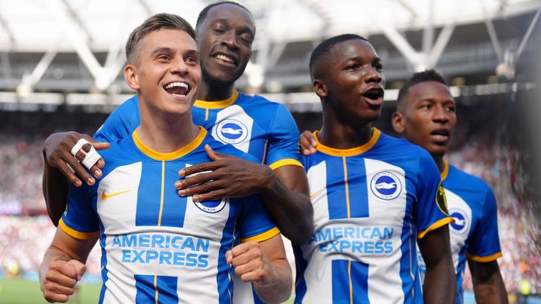 Brighton's Leandro Trossard celebrates scoring their side's second goal of the game