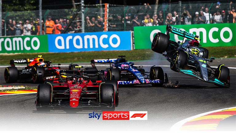 Ferrari's Carlos Sainz kept the lead in the first round when Lewis Hamilton collided with Fernando Alonso and was knocked out of the race at the Belgian Grand Prix.