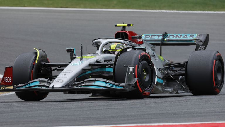 Mercedes driver Lewis Hamilton of Britain steers his car during the qualifying session ahead of the Formula One Grand Prix at the Spa-Francorchamps racetrack in Spa, Belgium, Saturday, Aug. 27, 2022. The Belgian Formula One Grand Prix will take place on Sunday. (AP Photo/Olivier Matthys)