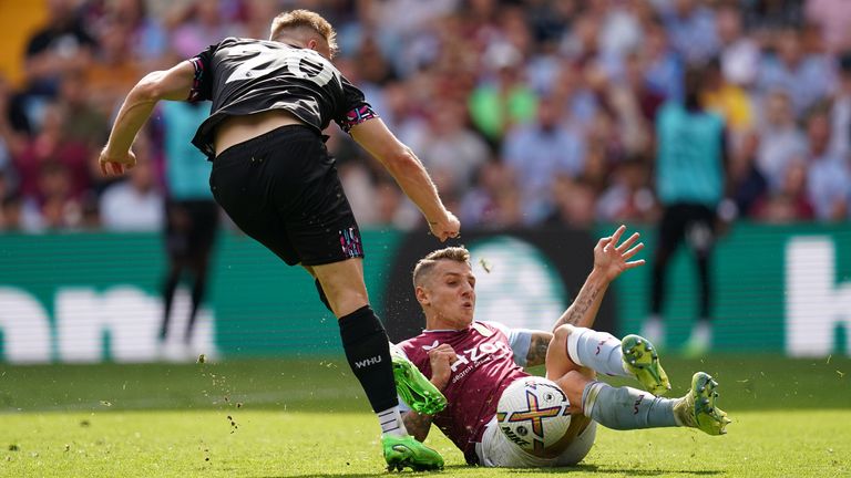 Aston Villa's Lucas Digne blocks a shot from Jarrod Bowen