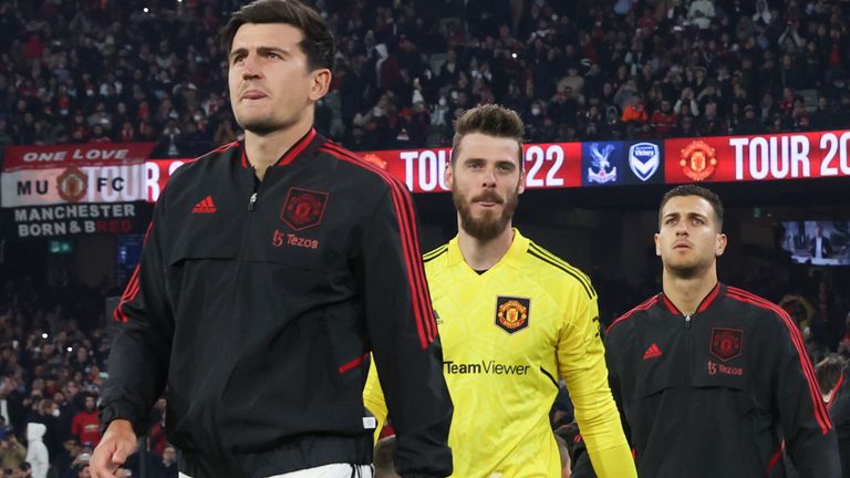 Manchester United&#39;s captain Harry Maguire, left, and Crystal Palace&#39;s captain Luka Milivojevic lead their team&#39;s onto the pitch ahead of a pre-season game between Manchester United and Crystal Palace at the Melbourne Cricket Ground in Melbourne, Australia, Tuesday, July 19, 2022. (AP Photo/Asanka Brendon Ratnayake)