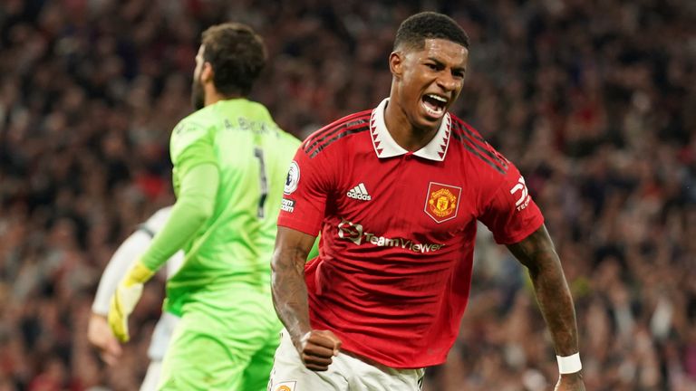 Manchester United's Marcus Rashford celebrates after scoring against Liverpool