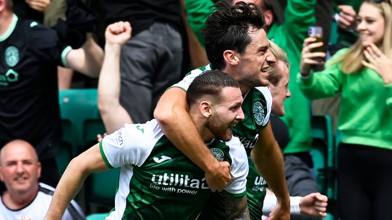 Martin Boyle celebrates making it 1-1 during a cinch Premiership match between Hibernian and Heart of Midlothian at Easter Road