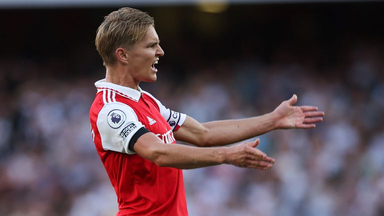 Martin Odegaard celebrates his equaliser against Fulham