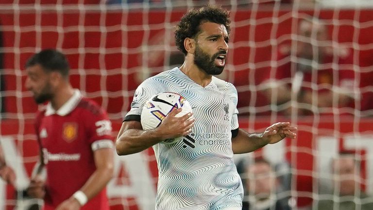 Liverpool's Mohamed Salah celebrates after scoring against Manchester United