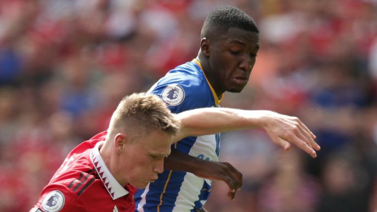 Manchester United&#39;s Scott McTominay (left) and Brighton and Hove Albion&#39;s Moises Caicedo battle for the ball during the Premier League match at Old Trafford, Manchester. Picture date: Sunday August 7, 2022.