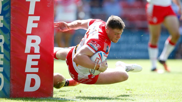 Picture by Ed Sykes/SWpix.com -  St Helens' Morgan Knowles scores their second try