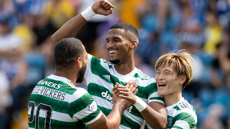 Moritz Jenz celebrates after scoring Celtic&#39;s third goal at Kilmarnock