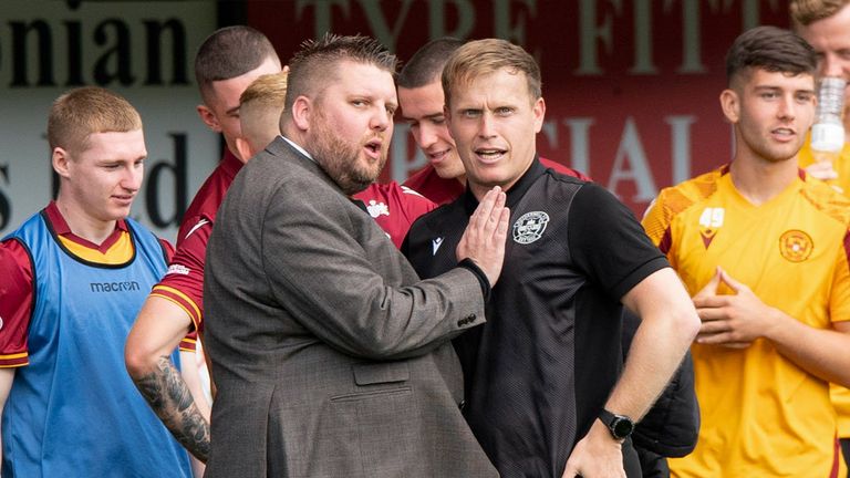 PAISLEY, SCOTLAND - JULY 31: Motherwell Chief Executive Alan Burrows (L) and manager Steven Hammell (R) at full time  during a cinch Premiership match between St. Mirren and Motherwell at the SMiSA Stadium, on July 31, 2022, in Paisley, Scotland.  (Photo by Sammy Turner / SNS Group)
