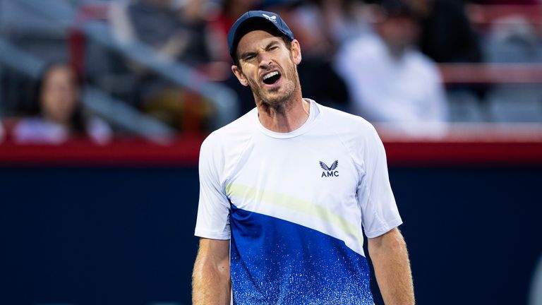 Andy Murray, of Britain, reacts during a match against Taylor Fritz, of the United States, during the National Bank Open tennis tournament Tuesday, Aug. 9, 2022, in Montreal.