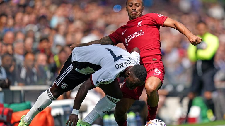 Fulham's Neeskens Kebano (left) and Liverpool's Thiago Alcantara battle for the ball