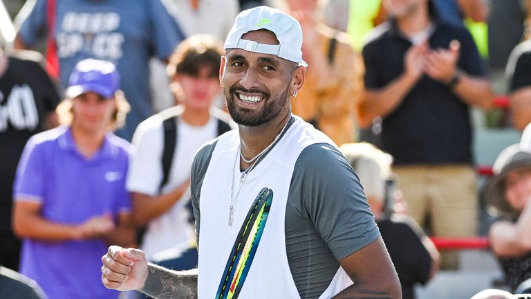 MONTREAL, QC - AUGUST 10: Nick Kyrgios (AUS) shows pride after winning his match during second round ATP National Bank Open match on August 10, 2022 at IGA Stadium in Montreal, QC (Photo by David Kirouac/Icon Sportswire) (Icon Sportswire via AP Images)