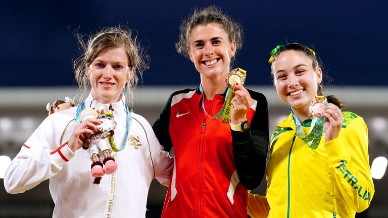 Wales' Olivia Breen (centre) with her gold medal after winning the Women's T37/38 100m Final alongside England's Sophie Hahn (left) with her silver medal and Australia's Rhiannon Clarke with her bronze medal at Alexander Stadium on day five of the 2022 Commonwealth Games in Birmingham. Picture date: Tuesday August 2, 2022.