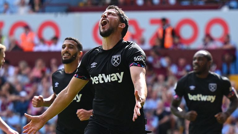 Pablo Fornals celebrates after his deflected strike gives West Ham the lead at Villa Park