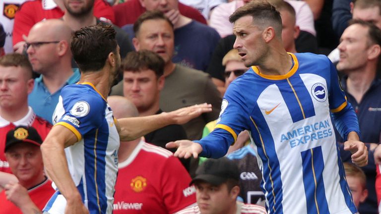 Pascal Gross celebrates his opening goal against Manchester United