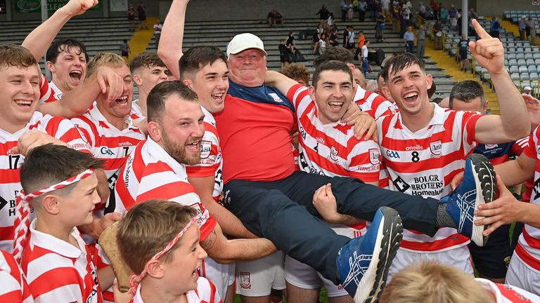 14 August 2022; Ferns St Aidan's manager Pat Bennett celebrates with his team after the Wexford County Senior Hurling Championship Final match between St Martin's and Ferns St Aidan's at Chadwicks Wexford Park in Wexford. Photo by Ramsey Cardy/Sportsfile