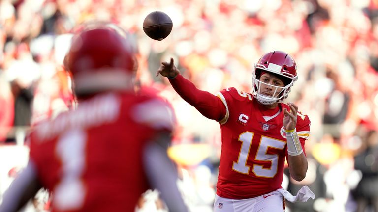 Kansas City Chiefs quarterback Patrick Mahomes throws a pass during the first half of the AFC championship NFL football game against the Cincinnati Bengals