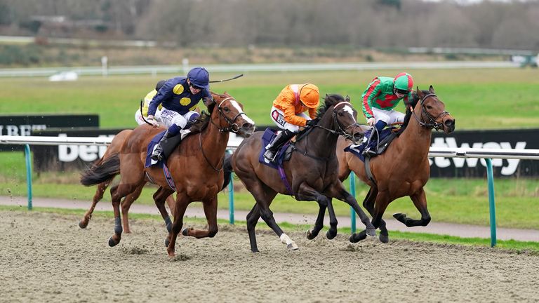 Pink Crystal (near side) in action at Lingfield