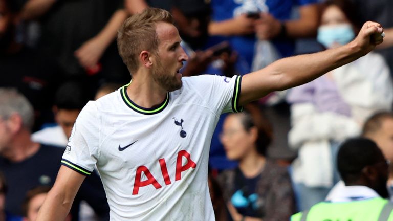 Harry Kane celebrates after heading Tottenham level at Stamford Bridge