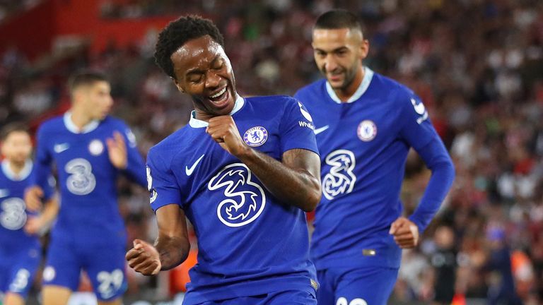 Raheem Sterling celebrates after giving Chelsea the lead against Southampton