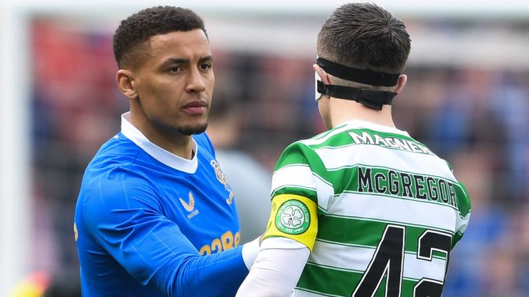GLASGOW, SCOTLAND - APRIL 17: Rangers' James Tavernier (L) and Celtic's Callum McGregor pre-match during a Scottish Cup Semi-Final between Celtic and Rangers at Hampden Park, on April 17, 2022, in Glasgow, Scotland. (Photo by Craig Foy / SNS Group)