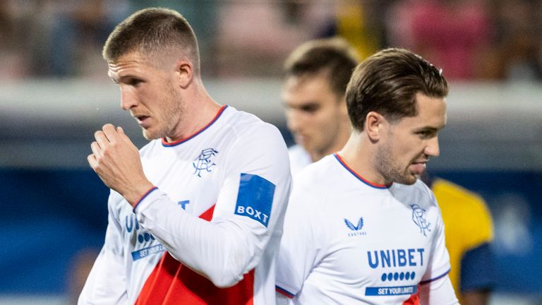 HEVERLEE, BELGIUM- AUGUST 02: Rangers' John Lundstram (L) and Scott Wright at full time during the UEFA Champions League Third Qualifying Round match between Union Saint-Gilloise and Rangers at the King Power at Den Dreef Stadion, on August 02, 2022, in Heverlee, Belgium.  (Photo by Alan Harvey / SNS Group)