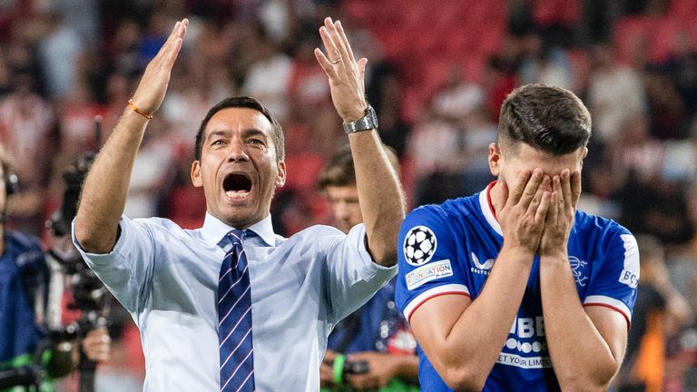 Rangers manager Giovanni Van Bronckhorst and an emotional Antonio Colak at full time